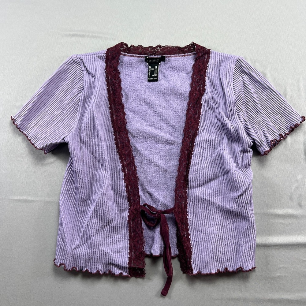 Forever 21 Cardigan Sweater Kids S/M Lavender Striped Lace Trim Tie Open Front